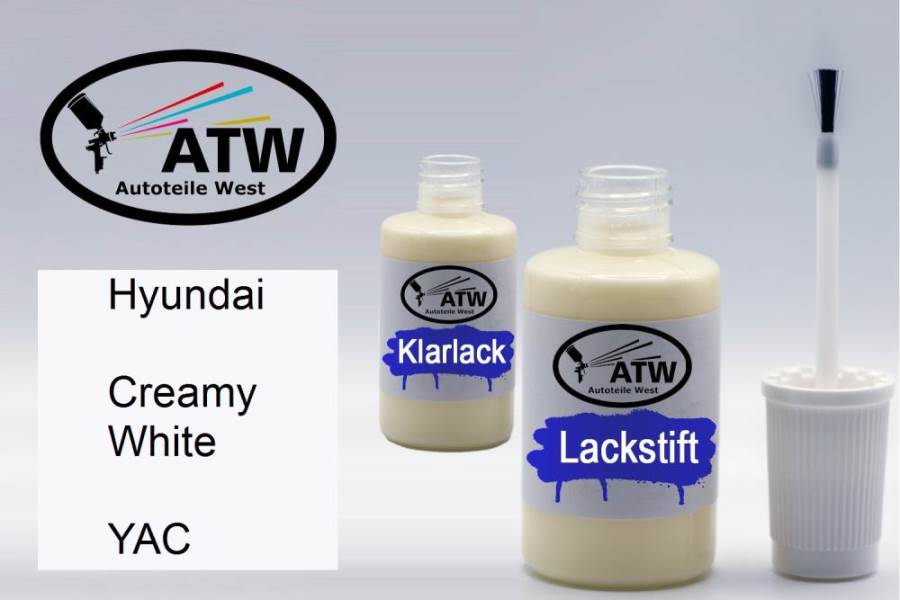 Hyundai, Creamy White, YAC: 20ml Lackstift + 20ml Klarlack - Set, von ATW Autoteile West.